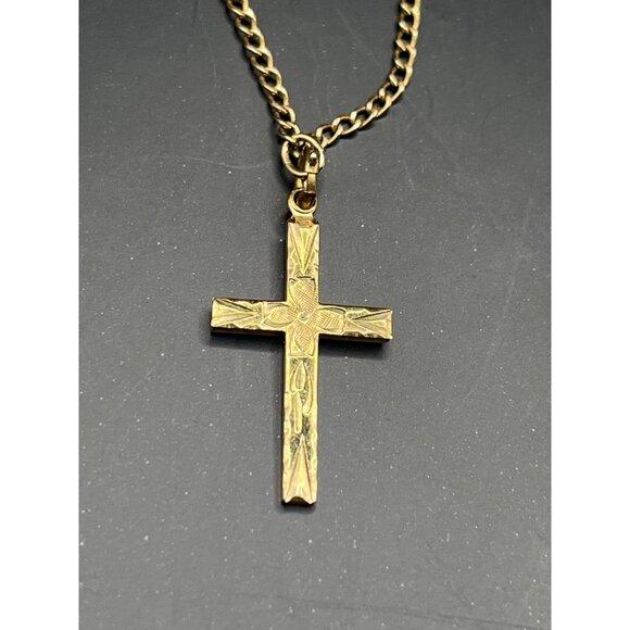 HFB Vintage Gold Filled Cross 18” Necklace 1/20 12K GF Carved Flower Design - Picture 3 of 5